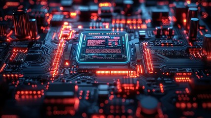 Obraz premium Close-up of a Futuristic Computer Chip, Glowing Circuit Board, Digital Technology, Abstract, Motherboard, Red and Blue