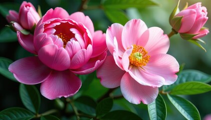 Fototapeta premium Bold peony & rose blossoms, lush green leaves, green, vibrant