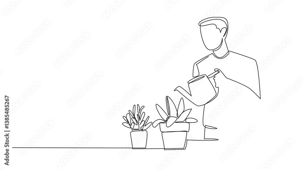 Poster animated self drawing of continuous one line drawing a man watering potted plants using a watering c
