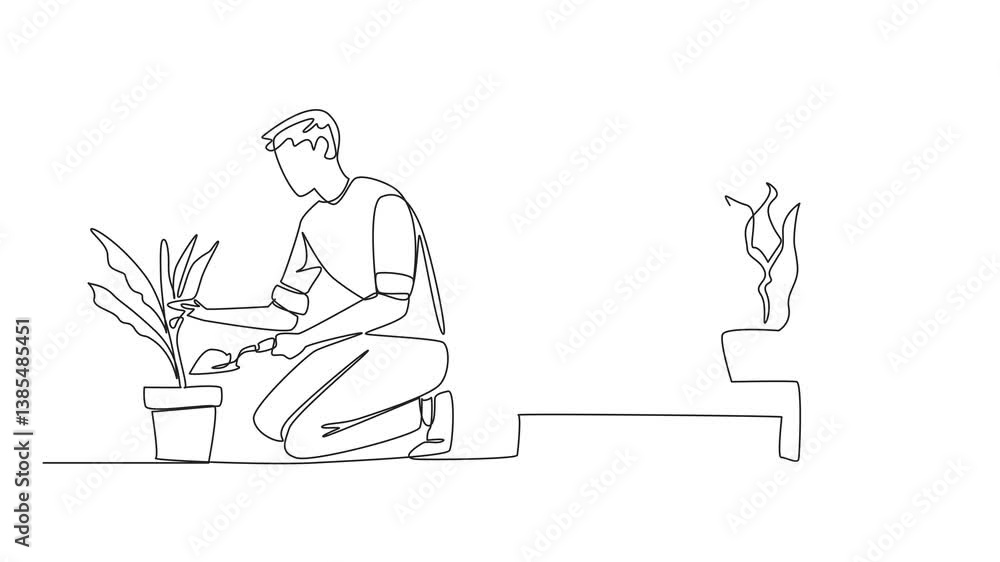 Poster self drawing animation of continuous line drawing a man in casual clothes kneeling on floor while sp