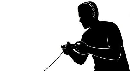 Gamer Silhouette Playing Video Games - Focused gamer silhouette, headphones on, intensely playing video games. Symbolizing passion, skill, competition, immersion, and entertainment
