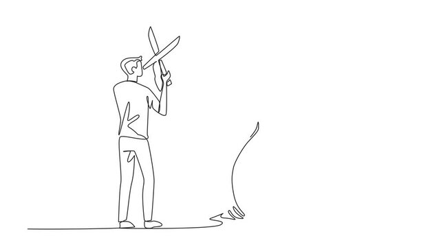 Self drawing animation of continuous one line drawing man in casual clothes is cutting plant into a heart shape. Symbol. Passion is the key to innovation. National Gardening Day. Full length animated