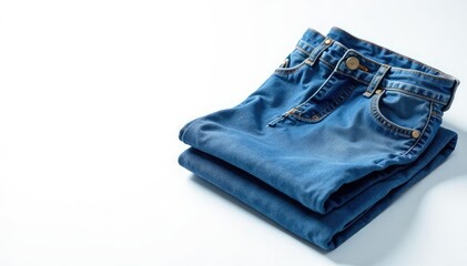 Classic blue denim jeans, crisply folded on pure white backdrop, cotton, overhead