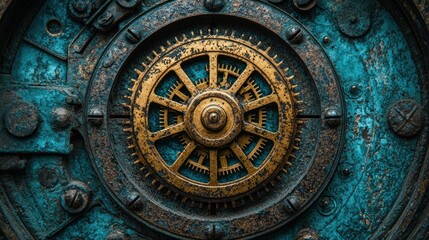 Obraz premium Detailed close-up of metallic gear mechanism, aged, industrial