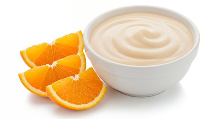 Orange Yogurt Bowl with Fresh Orange Slices Isolated on White Background