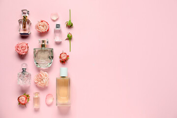 Bottles of perfume and beautiful flowers on pink background, flat lay. Space for text