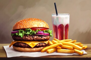 Delicious burger, fries, and milkshake on a table