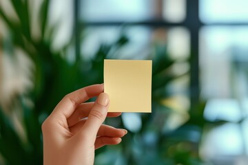 Hand holding a blank sticky note in a cozy indoor environment surrounded by green plants in soft natural lighting