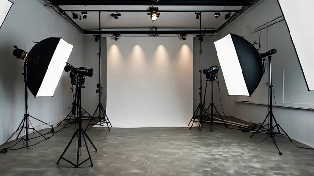 Professional photography studio setup with softbox lighting equipment, seamless white backdrop, and industrial interior floor

