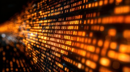 Digital data stream of illuminated binary code receding into distance