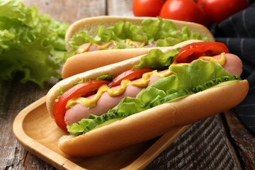 Tasty hot dogs on wooden table, closeup