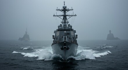 Naval destroyer navigating through a foggy sea with mysterious rock formations in the background creating a surreal atmosphere