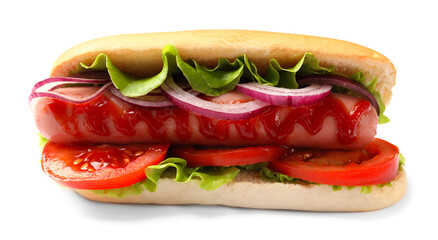 Tasty hot dog with tomato, onion, lettuce and ketchup on white background