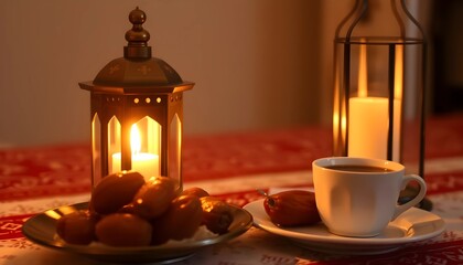 Fototapeta premium Dates and Coffee Near Candles Creating Warm Atmosphere for Relaxation