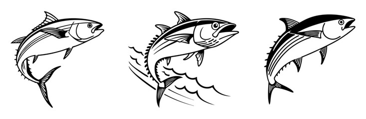 Obraz premium Three Tuna Illustrations Jumping, Tuna Drawings in Different Poses, Leaping Tuna Fish Graphics, Black and White Tuna Art Collection, Tuna Jumping from Water Images, Ocean Fish Illustration Set.