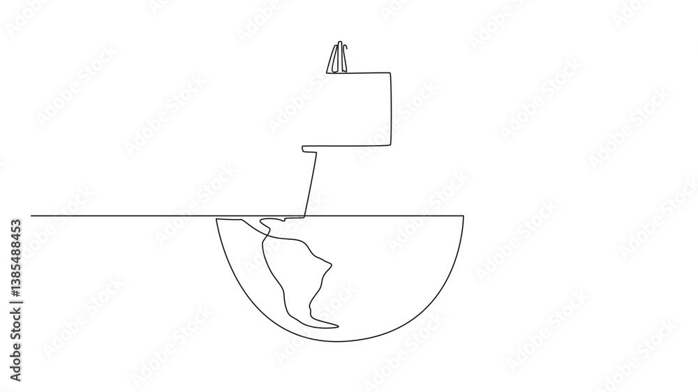 Poster animation of single continuous line drawing easel on half globe. painting can see half the world. a 