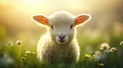 Obraz premium Baby lamb in a sunny field at golden hour