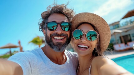 Obraz premium Happy couple enjoying a sunny day by the pool with sunglasses and smiles at a tropical resort