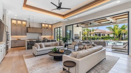 Modern Florida home's open-plan living, poolside view