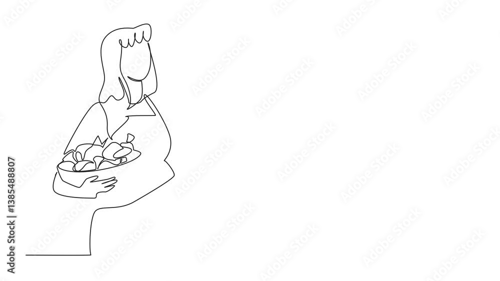 Poster animated self drawing of single continuous line drawing female farmer wearing an apron hugging a wic