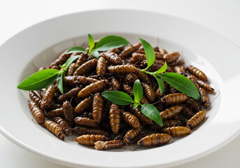 Obraz premium Close Up of Roasted Brown Insects on a White Plate with Green Herbs