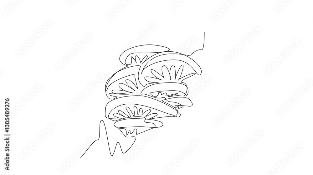 Poster animation of single line drawing oyster mushroom on a large tree trunk. mushrooms with many benefits