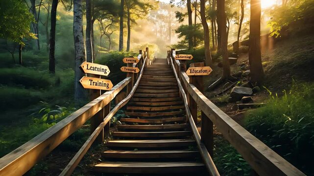 Wooden staircase ascending through lush forest with sunlight streaming through trees, signposts pointing to learning, training, and studies, serene nature path