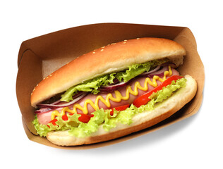 Tasty hot dog with vegetables isolated on white, top view