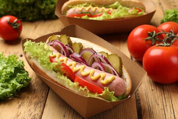 Tasty hot dogs with vegetables on wooden table, closeup