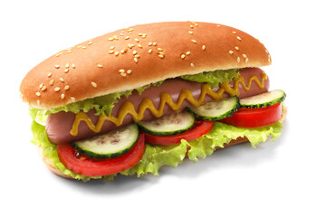 Tasty hot dog with vegetables isolated on white
