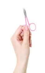 Woman with scissors on white background, closeup. Manicure tool