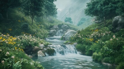 Enchanting cascade through lush flora and misty slopes landscape image