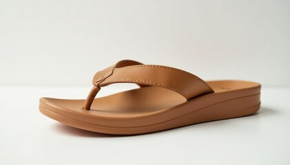 Close-up of a brown flip-flop against a white backdrop, white, flip-flop