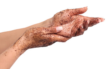Fototapeta premium Woman applying body scrub onto her hands on white background, closeup