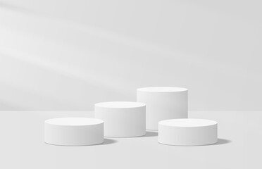 Soft realistic white 3d cylinder podium in lighting room shining on pedestal elegant. 3D vector stage for product mockup. Geometric platform. Vector rendering. Minimal scene for product promotion.