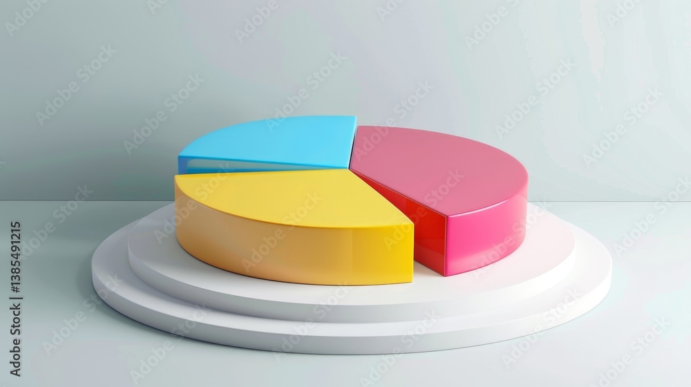 Poster d pie chart with glossy parts floating on a white platform, soft shadow and label markers