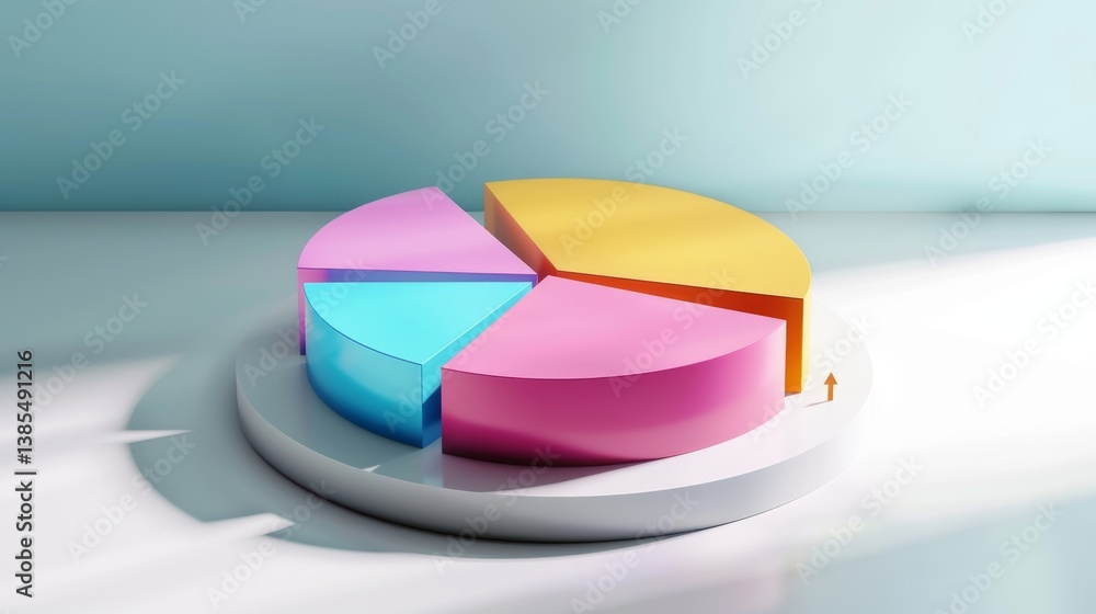 Aufkleber d pie chart with glossy parts floating on a white platform, soft shadow and label markers
