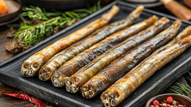 Roasted Sea Lamprey Delights: An Array of Traditional Culinary Fare, Ready to Savor.
