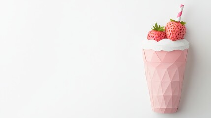 a strawberry milkshake, paper cut-out art, layered 3D paper effect, soft pastel color palette, isolated on white background