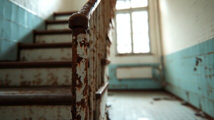 Rusty stairs lead to an abandoned room in an old building during daylight hours offering a glimpse into a forgotten space