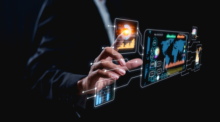 A businessman interacts with a digital interface showcasing graphs and data visualizations in a modern, tech-focused environment.