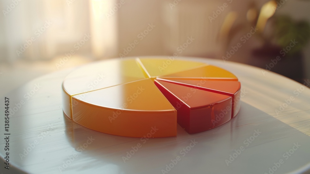 Poster sliced d pie chart hovering in mid-air with percentage labels on each part, set in ambient light