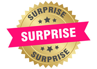surprise. surprise round pink and gold label isolated on transparent background