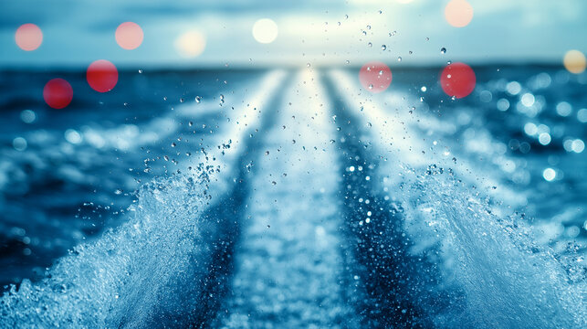 Boat stern view showing powerful water spray foam and speed.