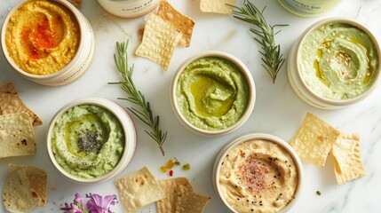 Top view of a variety of dips in bowls, such as guacamole, hummus, and salsa, surrounded by pita chips