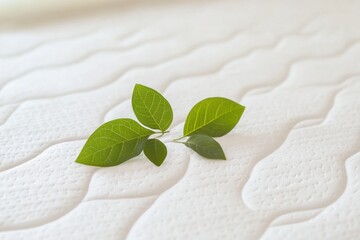 Green leaves placed on a textured white surface representing natural freshness and tranquility in a minimalist setting