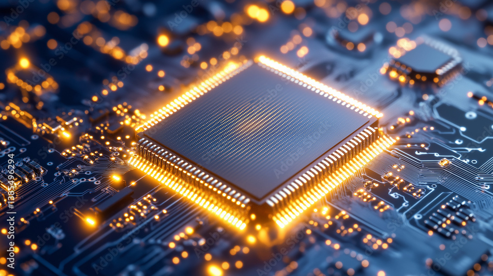 Poster silicon valley's core: a close-up view of a central processing unit (cpu) chip, intricately lit with