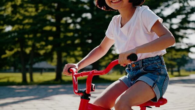 Happy girl riding tricycle in park