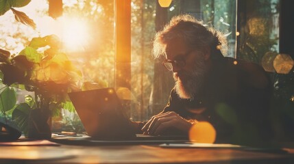 A professional looking at a laptop screen with deep focus in a modern office environment.