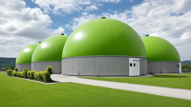 Biogas facility with waste processing units and methane capture technology, contributing to clean energy and sustainability goals